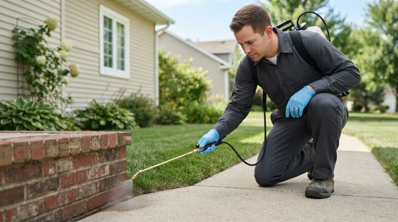 Pest control technician treating a home near Laconia, IN