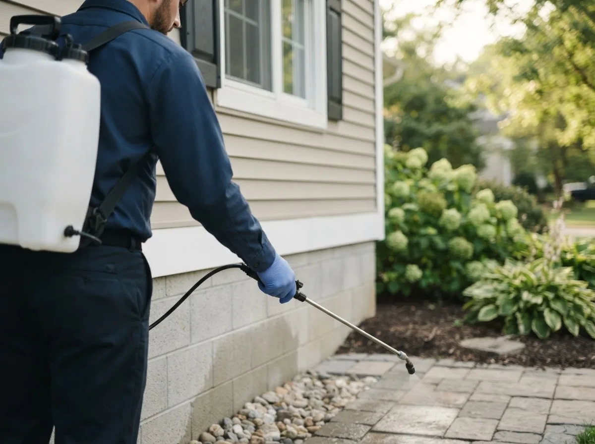 Pest control technician inspecting a home in Laconia, IN
